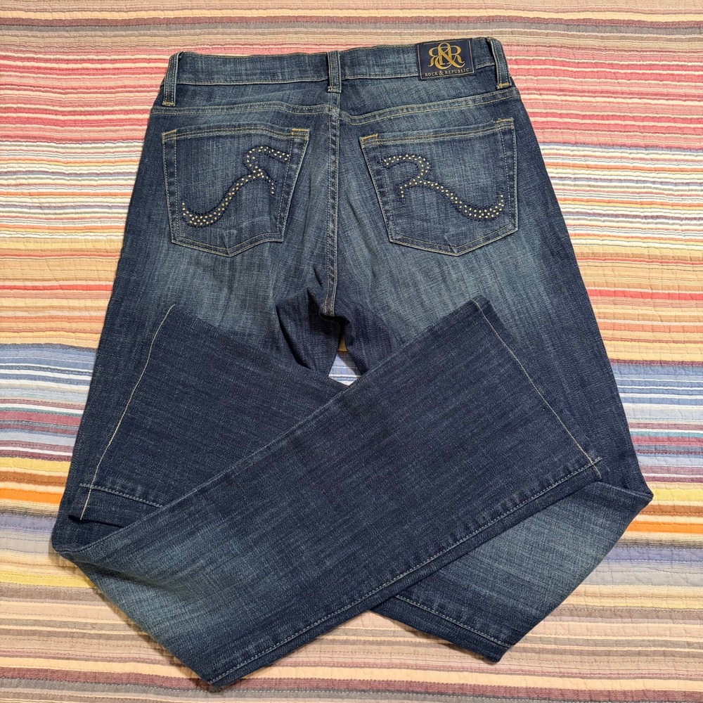 Rock & Republic Kasandra Bootcut Jeans Dark Wash Studded Pockets Size 6M